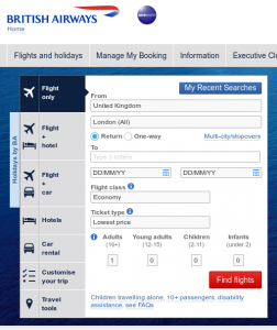 British Airways searchbox screenshot