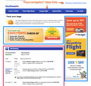 Southwest email confirmation with upselling and cross-selling