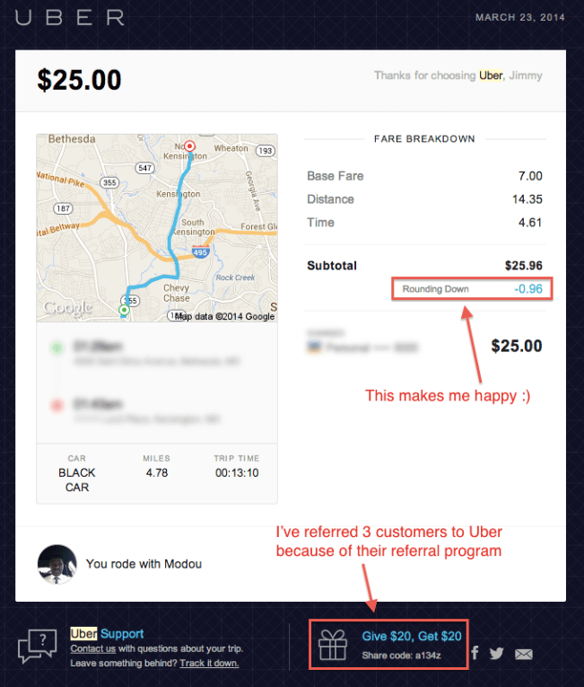 show contact information for uber receipts