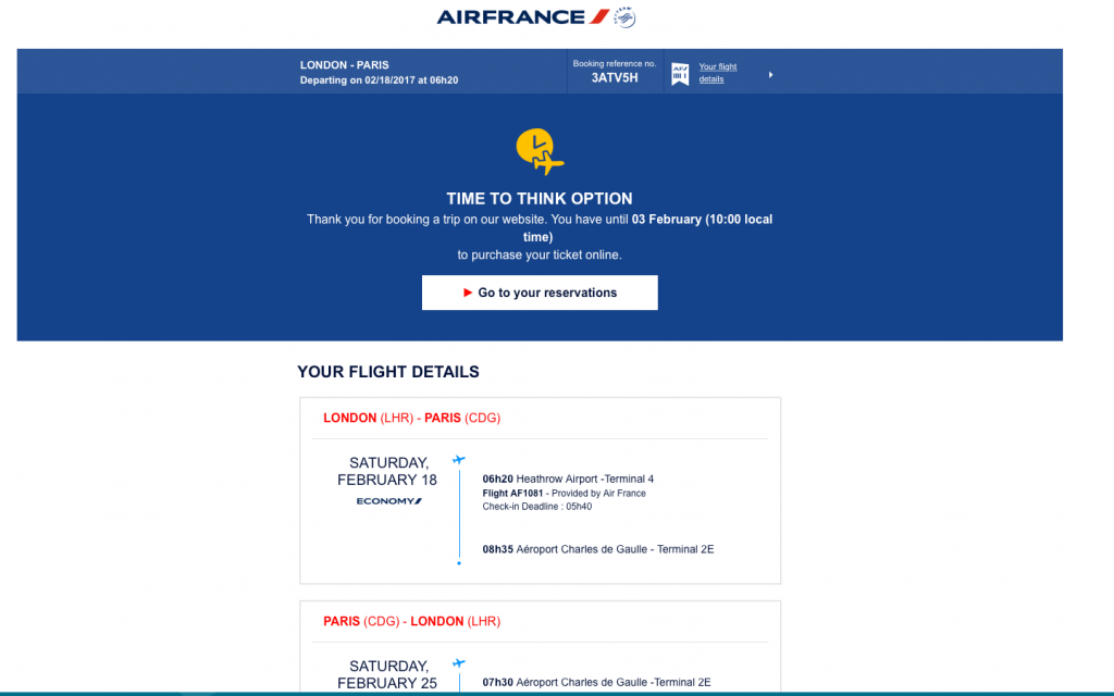 Example of AirFrance time to think booking abandonment email