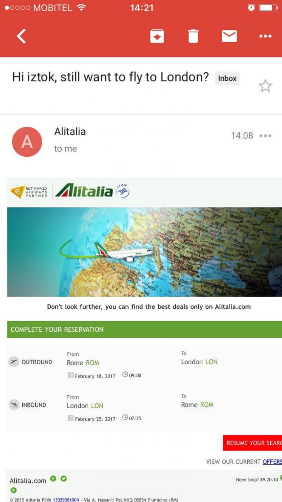 Example of Alitalia booking abandonment email no.2