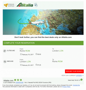 Example of Alitalia booking abandonment email no.1