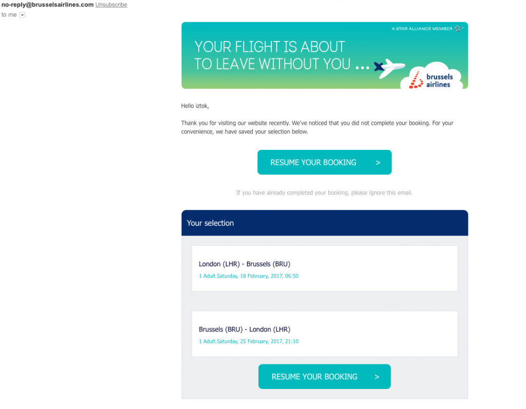 Example of Brussels booking abandonment email
