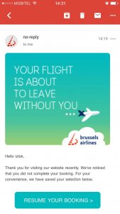 Example of Brussels booking abandonment email_mobile