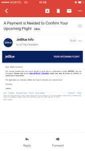 JetBlue shopping cart abandonment email