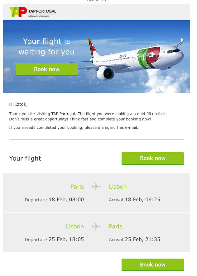 TAP example of airline booking abandonment email 1