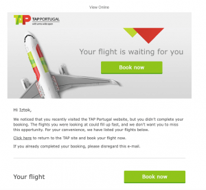Example of booking abandonment email 2 from TAP