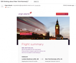 Example of abandonment email from Virgin Atlantic