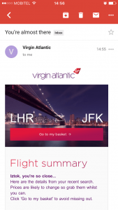 Virgin Atlantic mobile shopping cart abandonment email