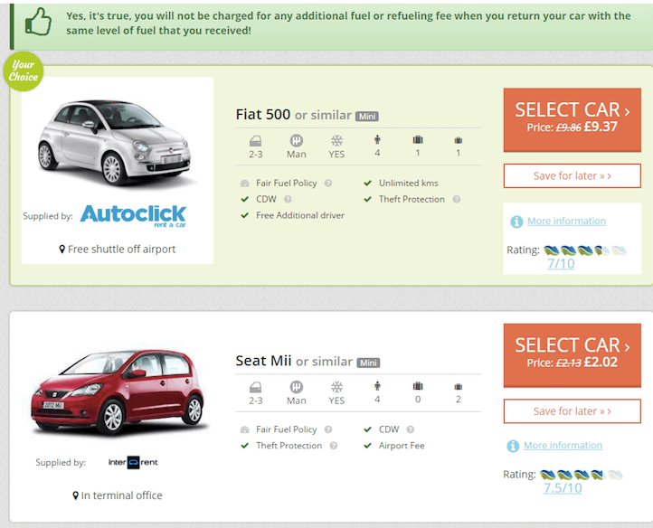 Car rental search result example without any ancillary upsell